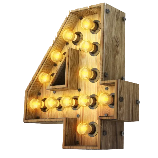 Number 4 3d render wood with realistic lights on transparent background PNG - خرید استوک قسطی - استوک اقساط - خرید اقساطی - استوک قسطی